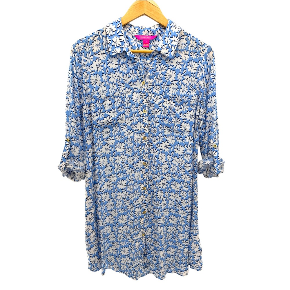 LILLY PULITZER Natalie Cover-Up Shirtdress Blue White Daisy Floral Dress S